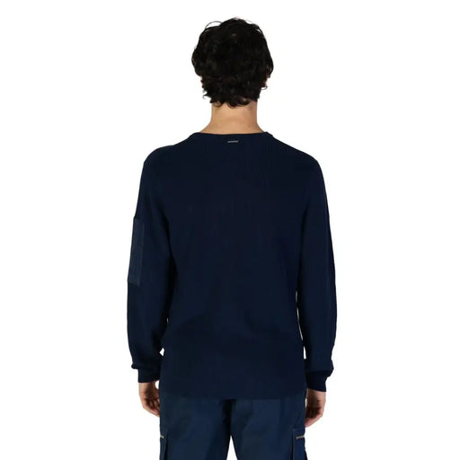 Navy blue long-sleeved knit sweater with zipper pocket for stylish cold weather wear