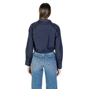 Navy blue long-sleeved cropped button-up shirt with cinched elastic waist for women fall winter