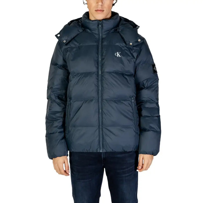Navy blue hooded puffer jacket displayed in a product image