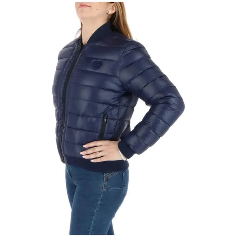 Navy blue quilted bomber jacket by Love Moschino, stylish and trendy for women