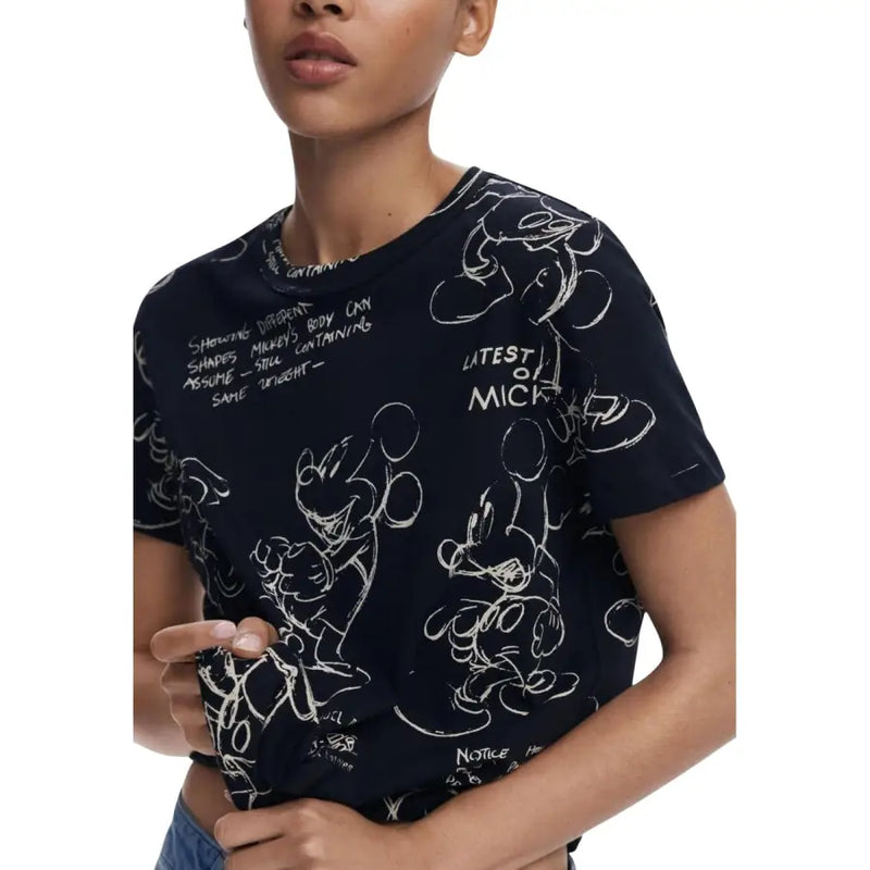 Navy blue Desigual women’s round neck cotton T-shirt with white Mickey Mouse sketches