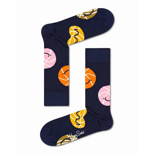 Navy Blue Basketball Socks with Basketball Pattern for Athletic and Casual Wear