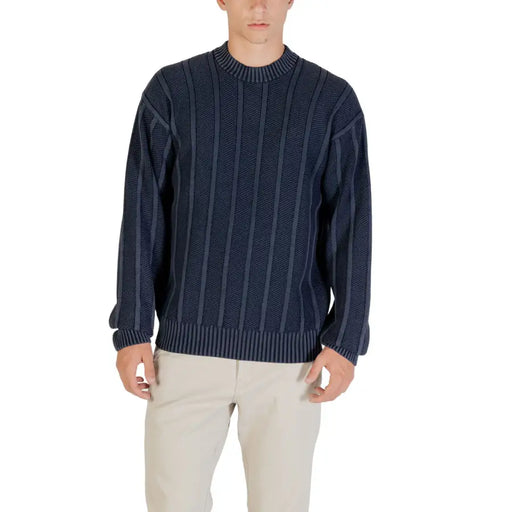 Navy blue striped knit sweater displayed in the product Navy Blue Striped Knit Sweater
