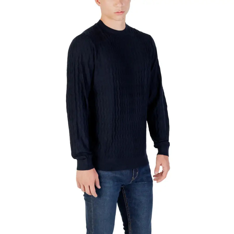 Navy blue textured long-sleeve sweater displayed for women or men fashion style