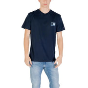 Navy blue Tommy Hilfiger T shirt with square logo shown in product listing