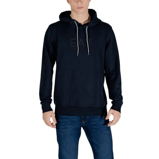 Navy EA7 Men Blue Printed Hooded Sweatshirt showcasing stylish and comfortable design