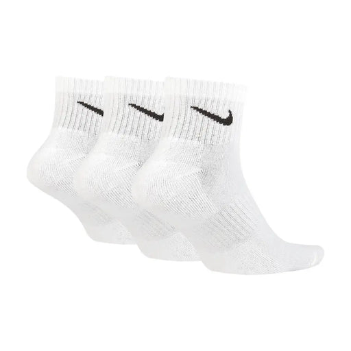 Three pairs of white Nike ankle socks displayed with Nike Men All Season White Underwear