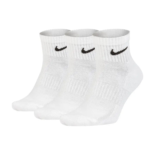 Three pairs of white Nike ankle socks displayed with Nike Men All Season White Underwear