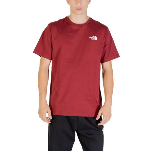 Men’s maroon short-sleeved cotton T-shirt with small logo on left chest, The North Face product