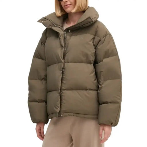 Olive green puffer jacket displayed in the product listing for Olive Green Puffer Jacket