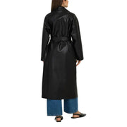 Black full-length faux leather trench coat with belted waist displayed on a model