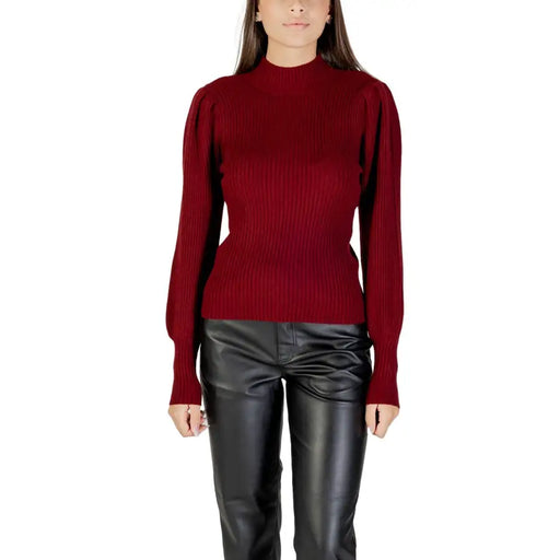 Ribbed mock-neck puff-sleeve Bordeaux knit sweater from Only Womens Fall Winter collection