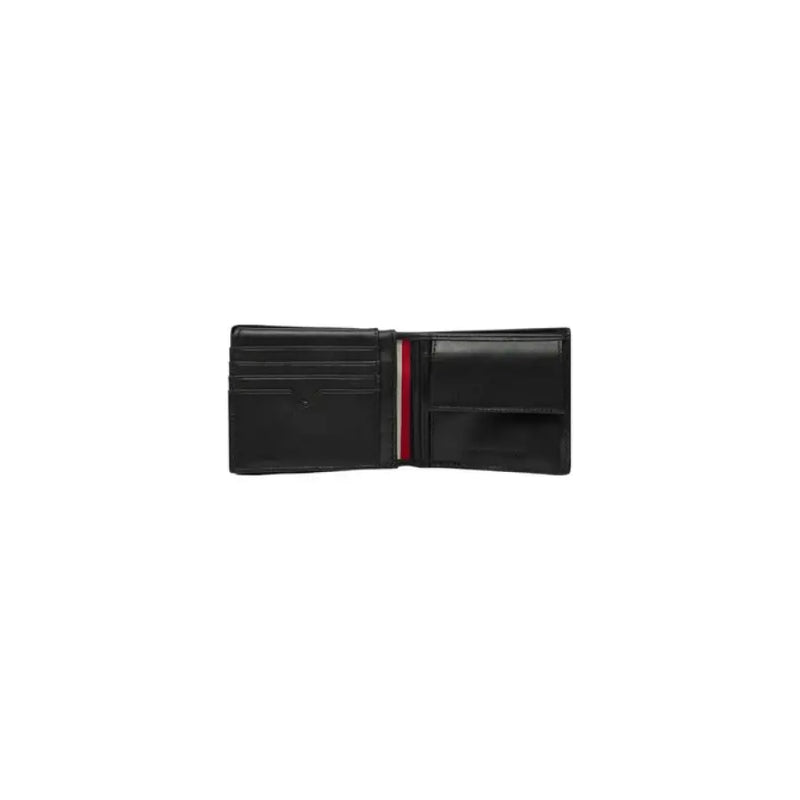 Open black leather wallet of Tommy Hilfiger Men’s Black Leather Wallet