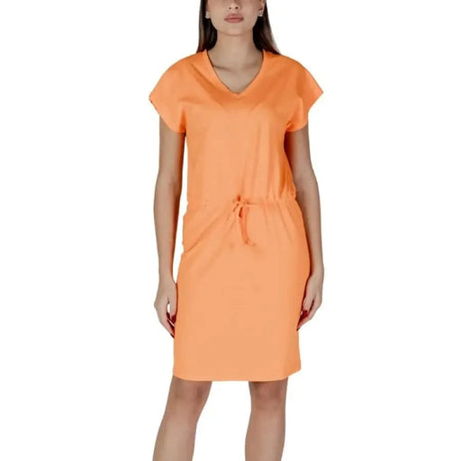 Orange V-Neck Short Dress with Drawstring Waist by B.young for Women