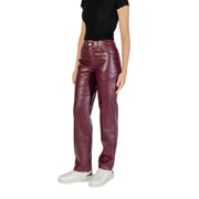 High-waisted glossy deep red faux leather trousers with straight-leg fit for women