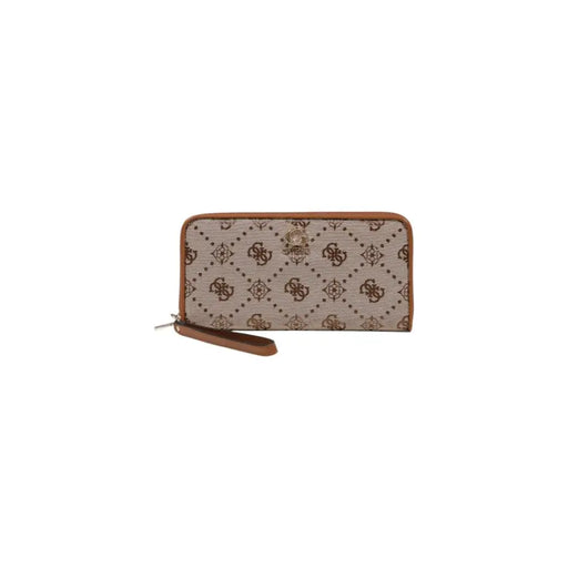 Patterned brown and beige wallet with wrist strap for stylish convenience
