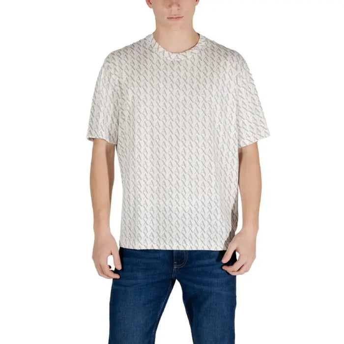 Patterned short sleeve T shirt displayed on a mannequin showcasing vibrant design