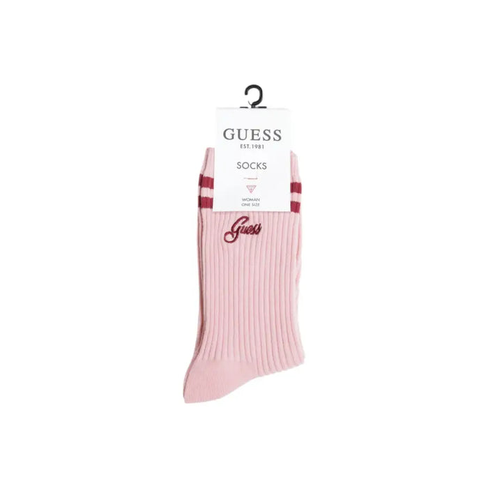 Pink Guess ribbed socks with maroon and red stripes displayed in a product image
