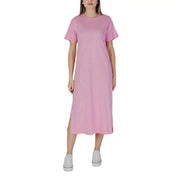 B.young Pink Short Cotton Dress with Round Neck displayed as a stylish pink midi t-shirt dress