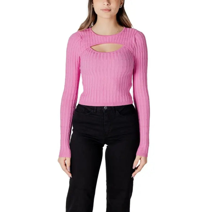 Pink ribbed knit top with chest cutout for women, stylish and comfortable apparel