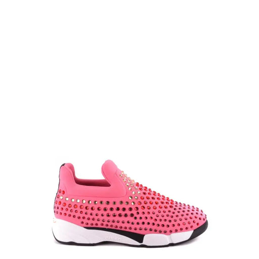 Pink slip-on sneakers with rhinestone embellishments for women in Pink Fabric