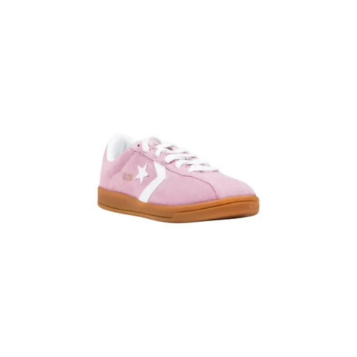 Pink suede Converse women winter sneakers with white laces and gum sole