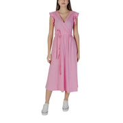 Pink wrap dress with flutter sleeves displayed with B.young Black Sleeveless V-Neck Lace Dress