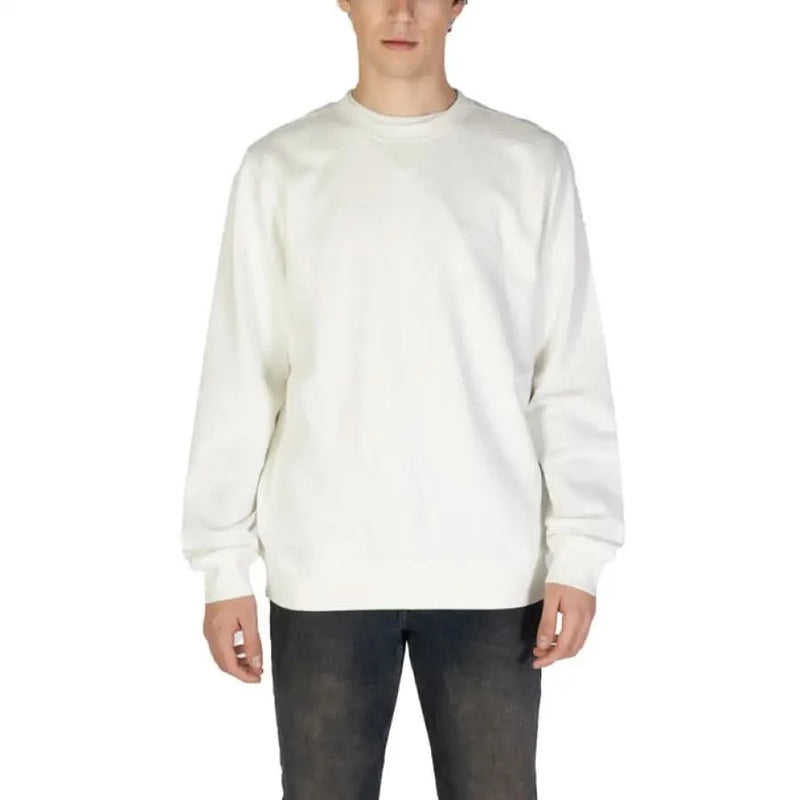 Plain white crewneck sweatshirt with ribbed cuffs and hem from Boss Men Knitwear