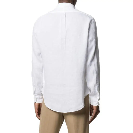 Men’s white linen long sleeve button-up shirt with curved hem from Polo Ralph Lauren