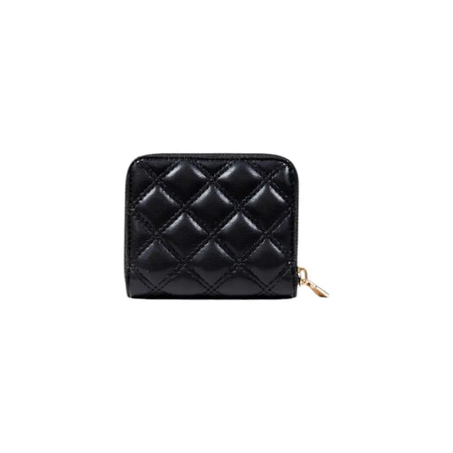 Black quilted patent leather wallet with a gold zipper for elegant storage