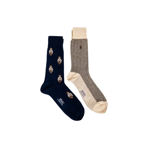 Two pairs of men’s dress socks, navy with bear motifs and brown herringbone, for Ralph Lauren Men Blue Print Fall Winter Underwear