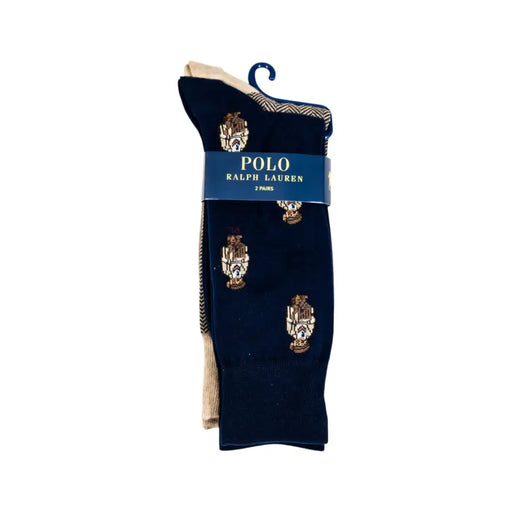 Men’s navy blue and beige patterned Ralph Lauren socks with label for fall winter wear