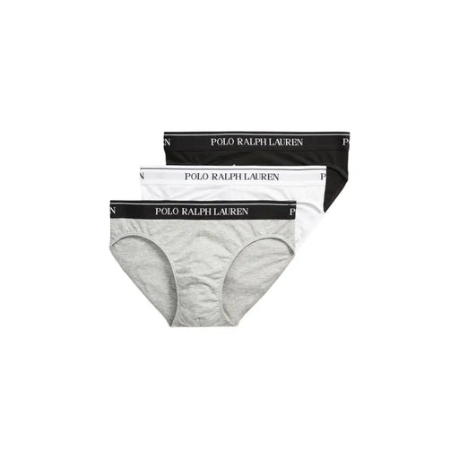 Three-pack of women’s bikini-cut underwear in black white and gray displayed with Ralph Lauren Men Grey Cotton Elastane Underwear