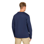 Men’s navy blue long-sleeved cotton shirt paired with khaki pants from Ralph Lauren