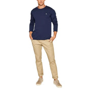 Men’s navy blue long sleeve round neck cotton T-shirt with small white Polo logo