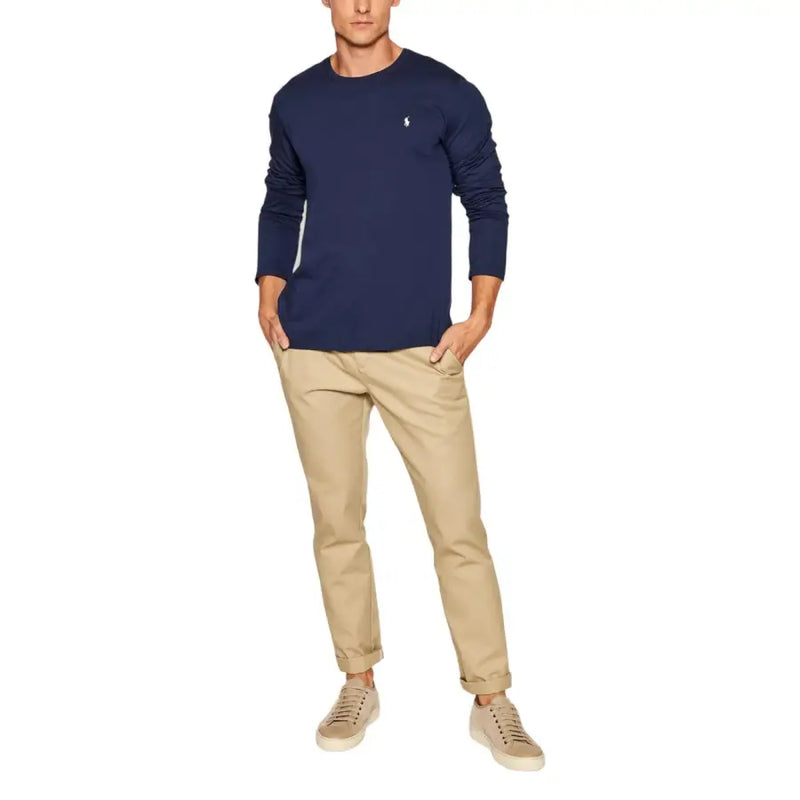 Men’s navy blue long sleeve round neck cotton T-shirt with small white Polo logo