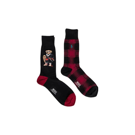 Men’s crew socks featuring a Polo Bear graphic in black and red plaid for Ralph Lauren fall winter collection