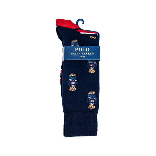 Navy blue socks with teddy bear pattern wearing blue sweater and American flag hat