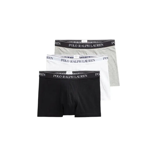 Three-pack of men’s boxer briefs in black white and gray with Polo Ralph Lauren waistbands