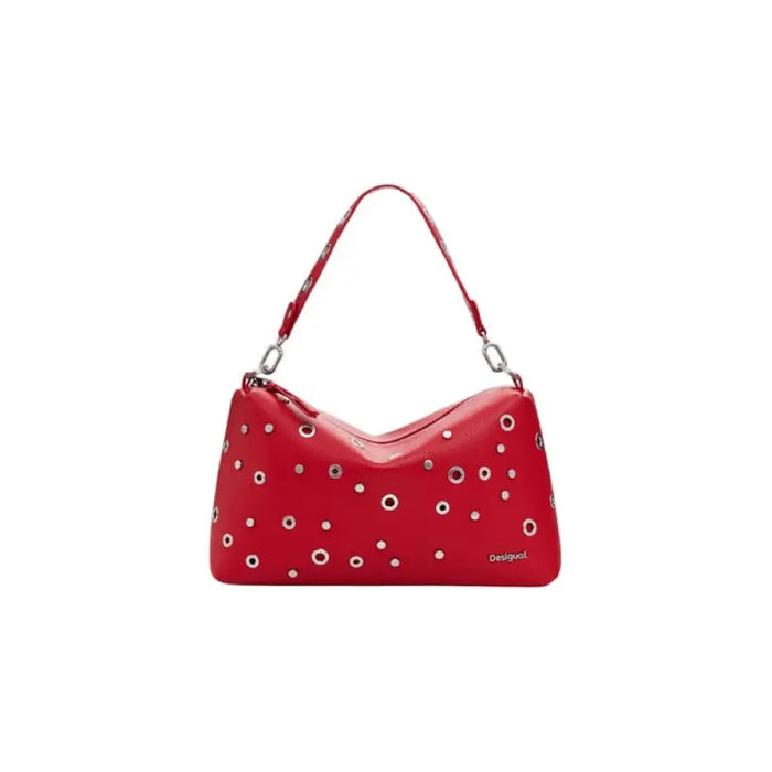 Red leather shoulder bag with silver grommets for stylish accessories