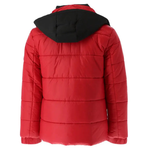 Red and Black Puffer Jacket featuring a red body and black hood for stylish warmth