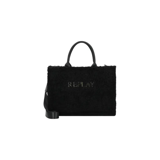 Black faux fur tote bag with top handles and detachable shoulder strap for Replay Women handbag