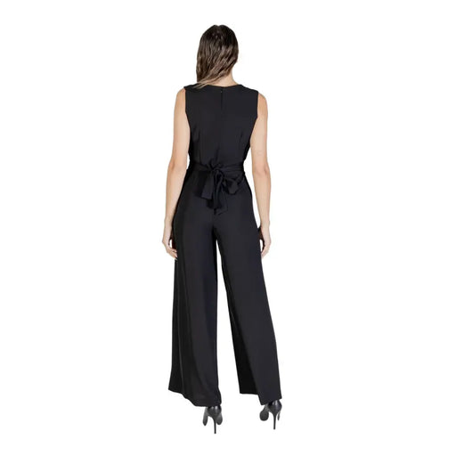 Women’s black sleeveless jumpsuit with tied waist from Rinascimento featuring a V neck