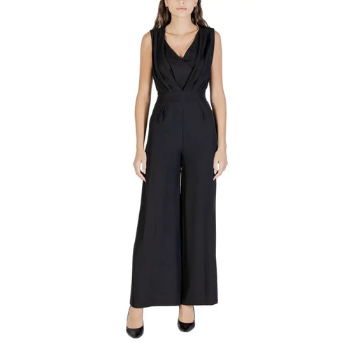 Black sleeveless wide-leg jumpsuit with draped V-neck from Rinascimento collection