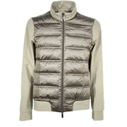 Silver metallic puffer jacket with zipper and contrast sleeves.