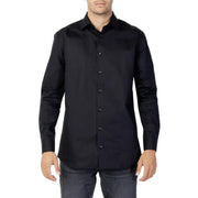 Selected Mens Black Long Cotton Turtleneck Shirt displayed with a solid black long-sleeve dress shirt