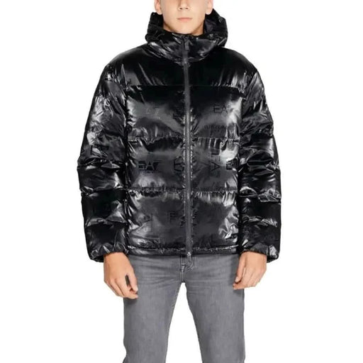 Shiny black Ea7 Men Jacket with hood and full-length zipper, stylish and modern design