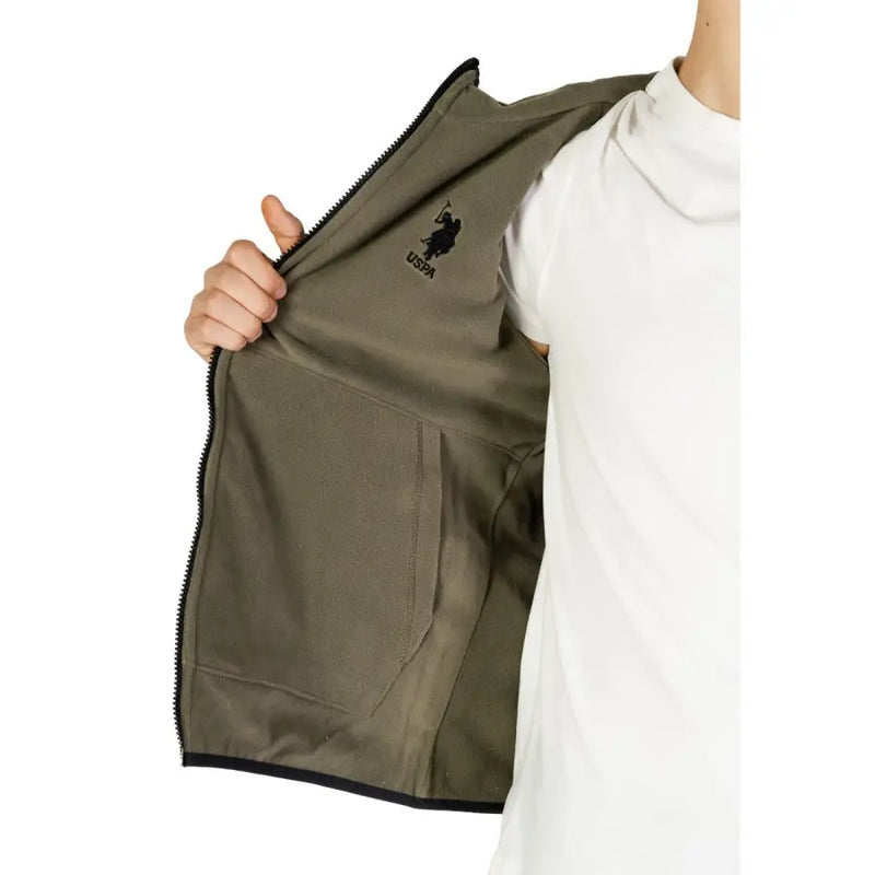 Khaki-colored vest with black zipper and Polo logo inside, part of Sophisticated Tailored Blazer in Premium Fabric