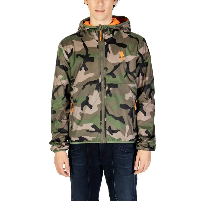 Men’s camouflage print hooded jacket with orange lining displayed in Sophisticated Tailored Blazer product