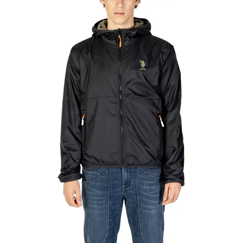 Men’s black hooded windbreaker jacket with full zipper and side pockets for versatile style